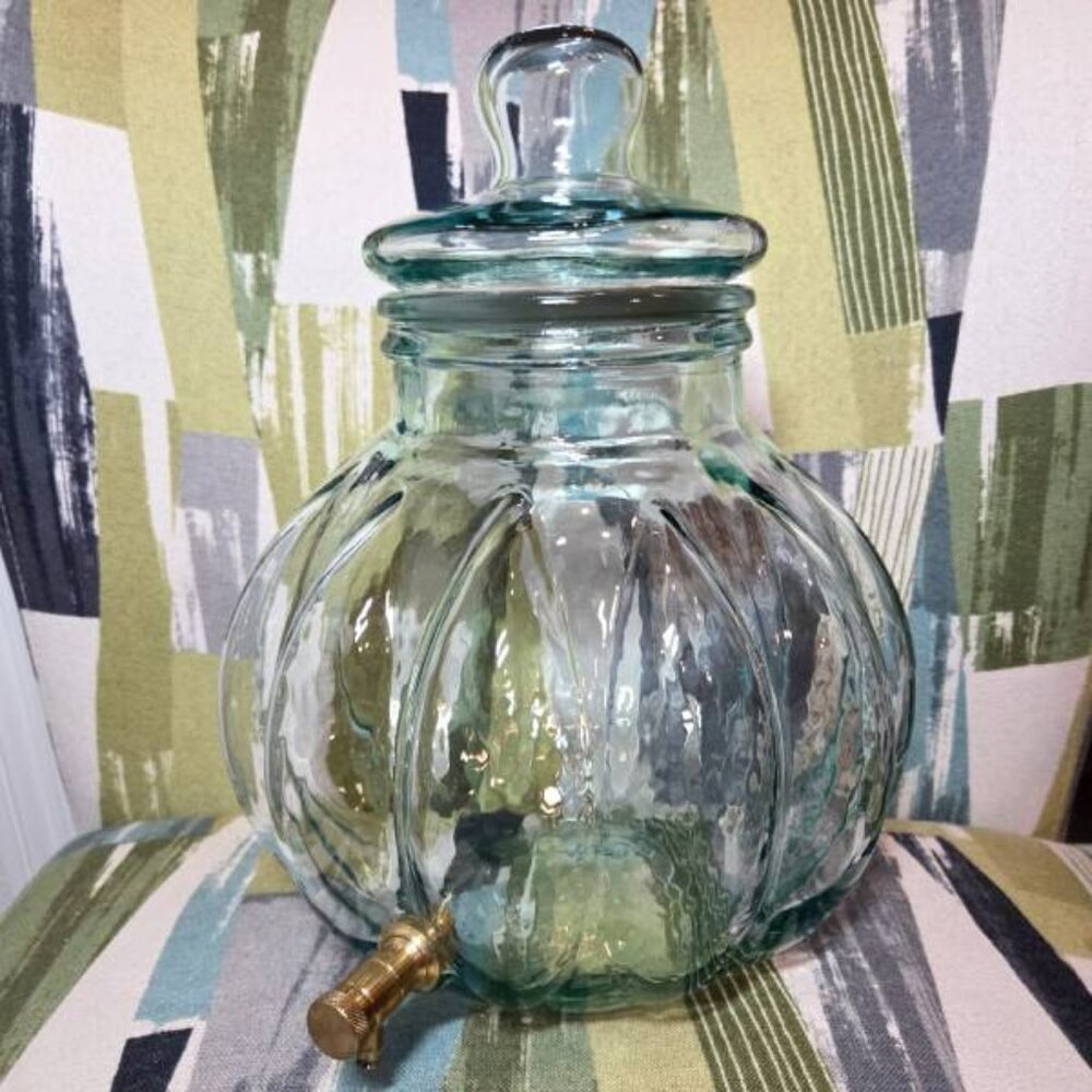 Vtg Italy Pumpkin Aqua/Green Glass Beverage Dispenser Jar Lid & Brass Spigot